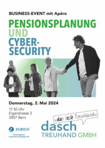 Business-Event "Pensionsplanung und Cybersecurity" Flyergestaltung Vorderseite