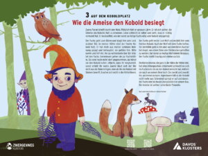 Auf dem Koboldplatz: Gestaltung der Infotafel und Illustration für den Zwergenweg Klosters