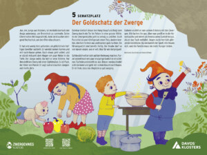 Schatzplatz: Gestaltung der Infotafel und Illustration für den Zwergenweg Klosters