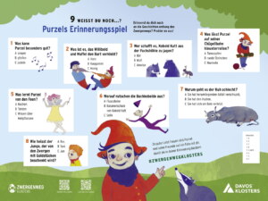 Purzels Erinnerungsspiel: Gestaltung der Infotafel und Illustration für den Zwergenweg Klosters